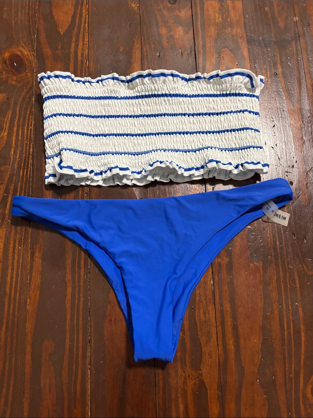 SHEIN White and Blue Striped Smocked Bandeau with Royal Blue Bikini Bottom
